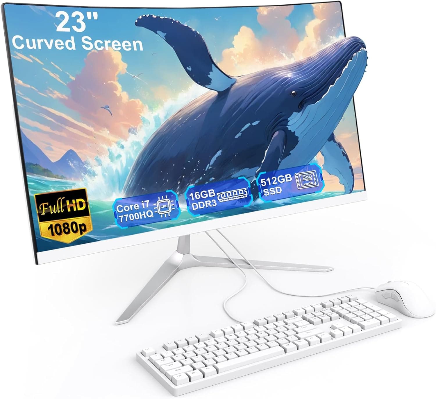 All in One Desktop Computer 23.8 Inch Curved Display Core i7 7700HQ(up to 3.8Ghz) 16GB RAM 512GB SSD Dual Band WiFi Bluetooth 5.0 Complete with Wired Keyboard & Mouse