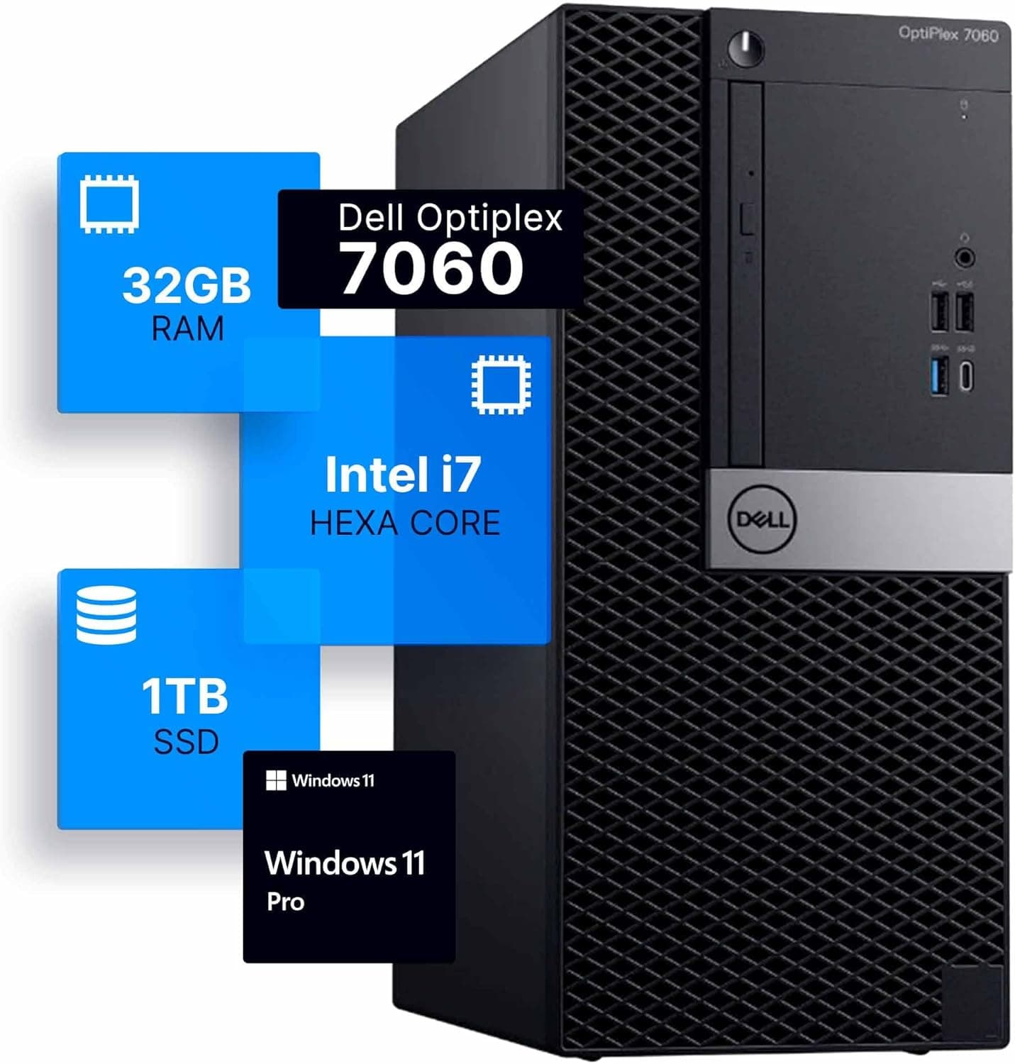 Dell (Renewed) Optiplex 7060 Tower Desktop Computer Intel i7 8700 (3.4) 32GB DDR4 RAM 1TB SSD Solid State Windows 11 Professional Home or Office PC