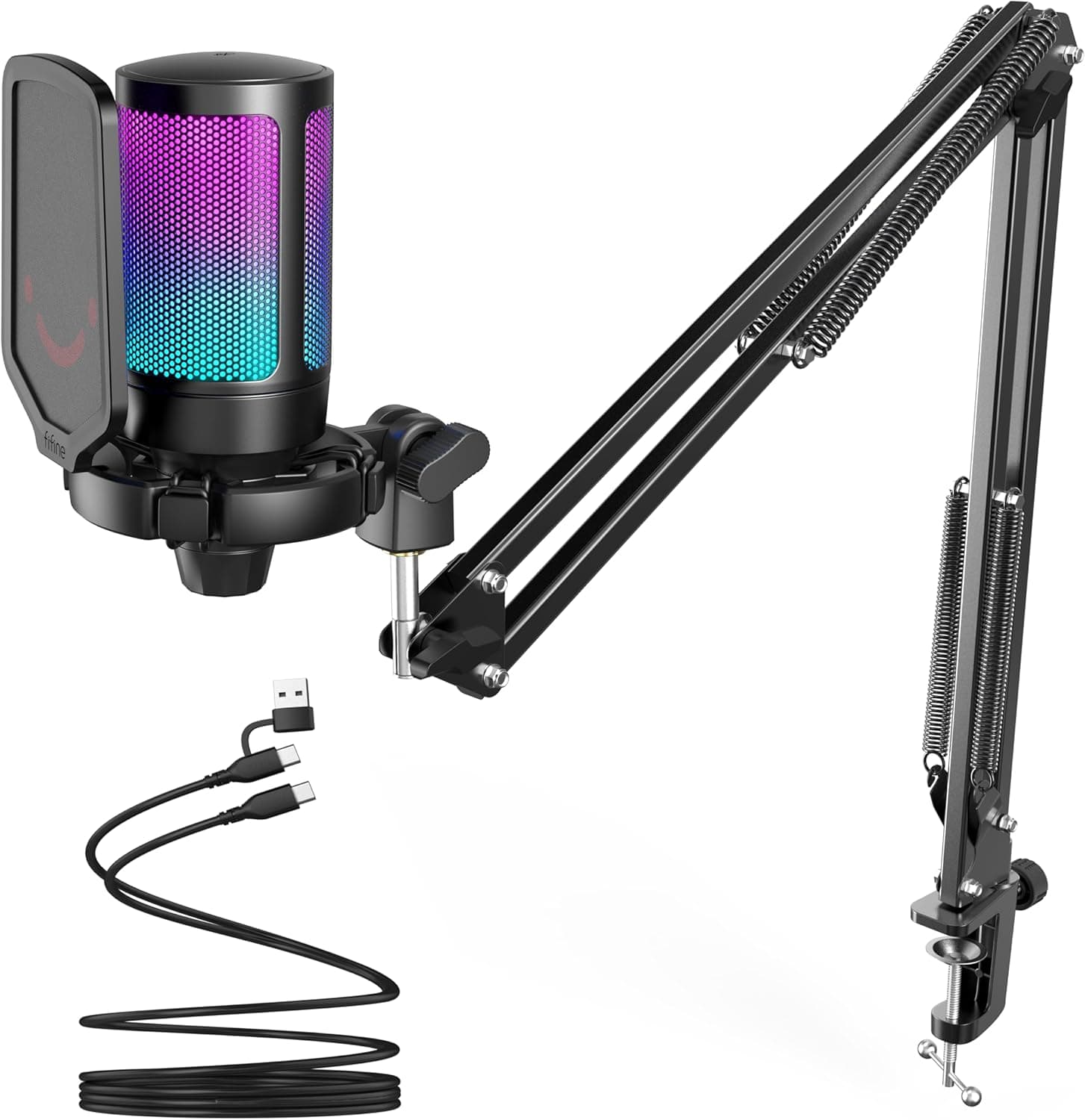 FIFINE Gaming PC USB Microphone Podcast Condenser Mic with Boom Arm Pop Filter Mute Button for Streaming Twitch Online Chat RGB Computer Mic for PC Gamer Youtuber AmpliGame A6T image 1