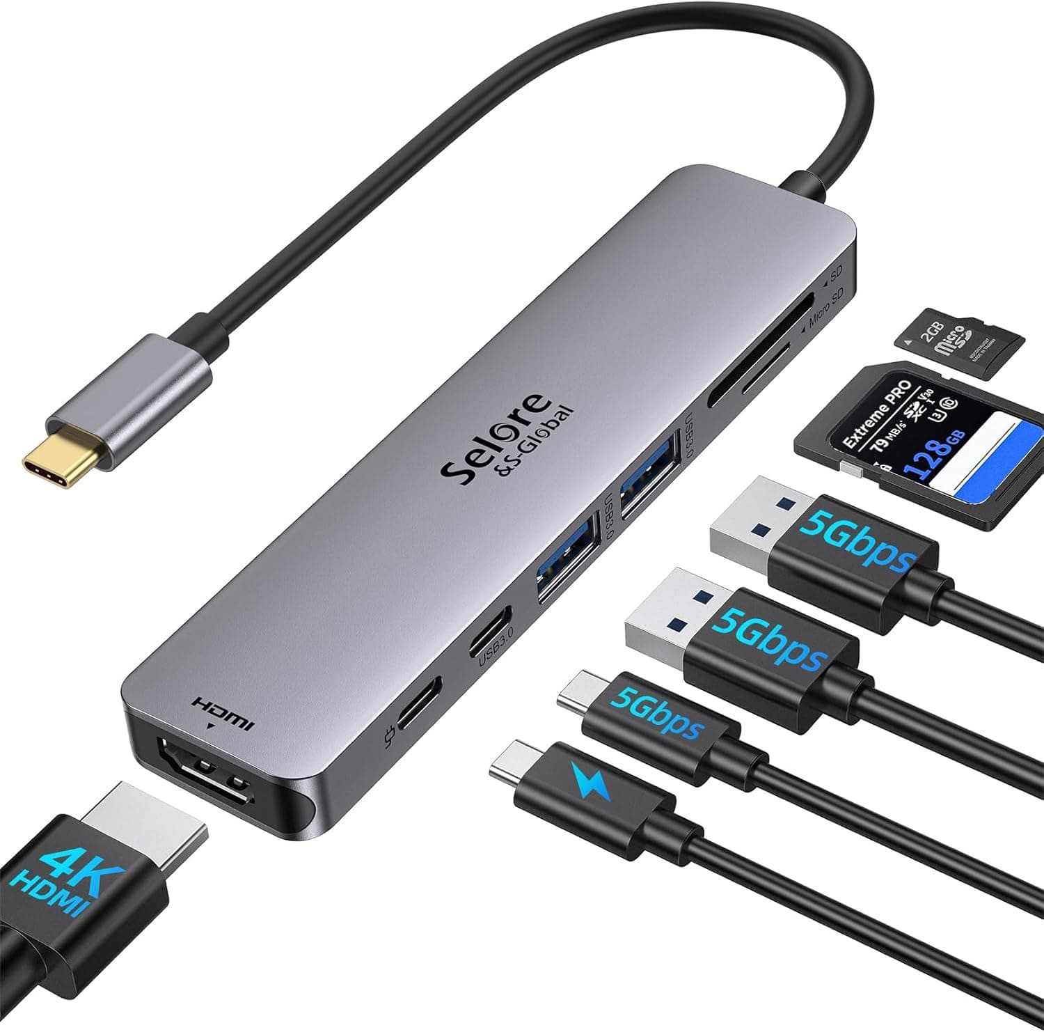 Selore&S Global Selore USB C HUB Adapter 7 in 1 Type C HUB Multiport Adapter with 4K HDMI 100W PD 3 USB Ports SD micro SD Card Reader Compatible for Mac Dell HP