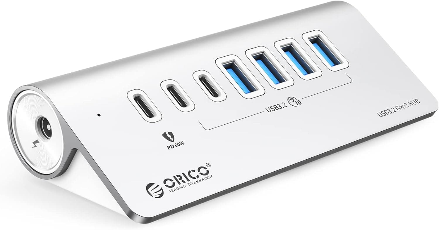 ORICO Powered USB Hub 10Gbps 7 Port USB 3.2 Gen 2 Hub with 6 USB 3.2 Data Ports 1 PD 60W Charging Ports 24V3A Power Adapter 1.64Ft C to C Cable and USB A Adapter Aluminum USB Data Hub for Laptop image 1