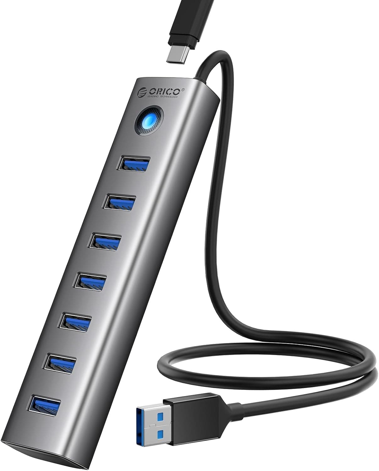 ORICO USB 3.0 Hub 5Gbps Aluminum 7 Port USB Hub 50 cm Long Cable with 5V 3A Type C Power Port Multiple USB 3.0 Adapter Compatible with MacBook PS4 Surface Pro HP image 1