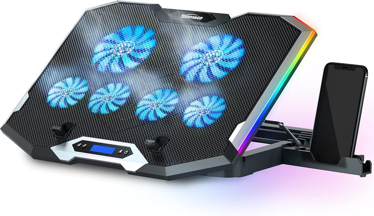 TopMate C11 Laptop Cooling Pad RGB Gaming Notebook Cooler Laptop Fan Stand Adjustable Height with 6 Quiet Fans and Phone Holder Computer Chill Mat for 15.6 17.3 Inch Laptops Blue LED Light image 1