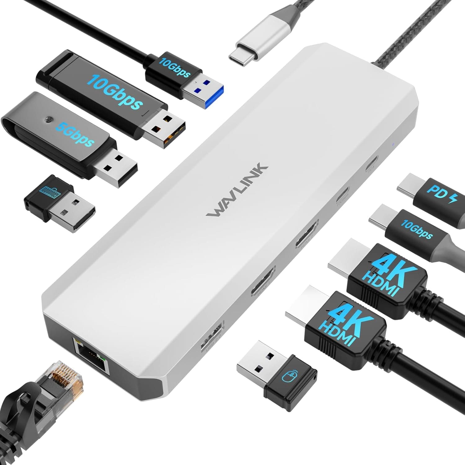WAVLINK Laptop Docking Station 10G USB C Hub with Dual HDMI 100W PD in 10Gbps USB A C 3.2 5Gbps USB A USB2.0 Gigabit Ethernet for Dell HP Lenovo etc Windows Systerm Computer Only